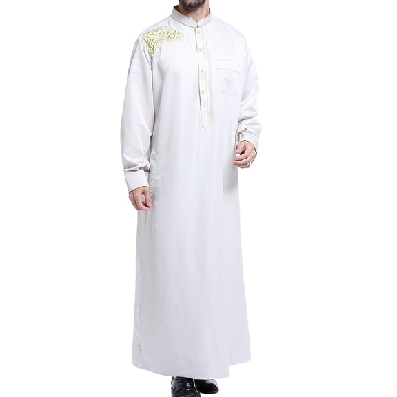 safuny Men's Muslim Islamic Ramadan Jubbah with Pocket Fashion Trendy Pullover Solid Spring Long Sleeve Fall Tees V Neck Button Saudi Arab Long Kaftan Robe Holiday White