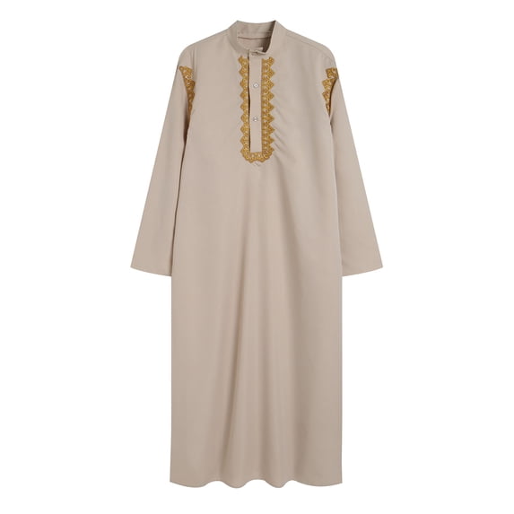 safuny Men's Muslim Islamic Ramadan Jubbah with Pocket Trendy Pullover Long Sleeve Fall Tees Crew Neck Saudi Arab Long Kaftan Robe Holiday Solid Embroidered Fashion Spring Beige L