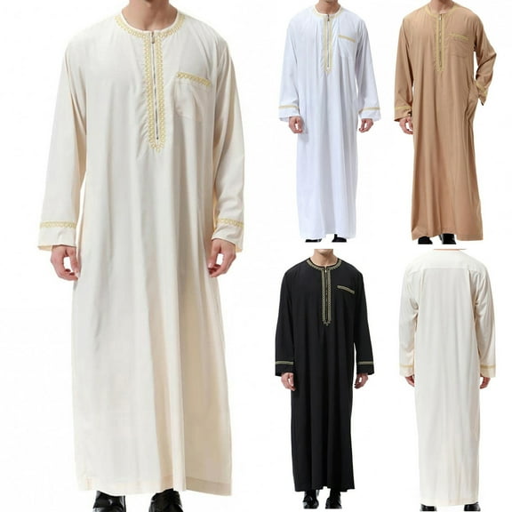 safuny Men's Muslim Islamic Ramadan Jubbah with Pocket Trendy Pullover Long Sleeve Fall Tees Crew Neck Saudi Arab Long Kaftan Robe Holiday Solid Embroidered Fashion Spring Beige S
