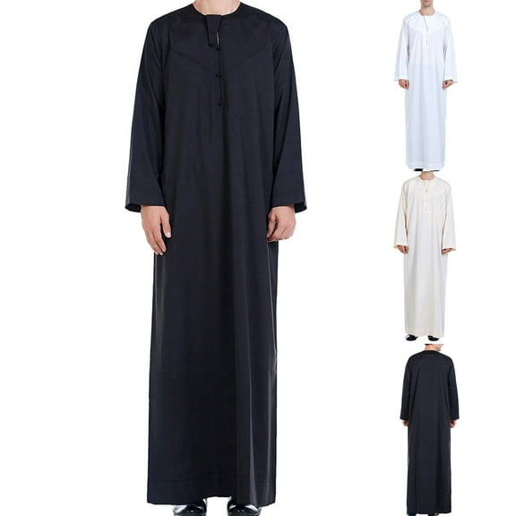 safuny Men's Muslim Islamic Ramadan Jubbah with Pocket Trendy Pullover Long Sleeve Fall Tees Crew Neck Saudi Arab Long Kaftan Robe Holiday Solid Embroidered Fashion Spring Beige L