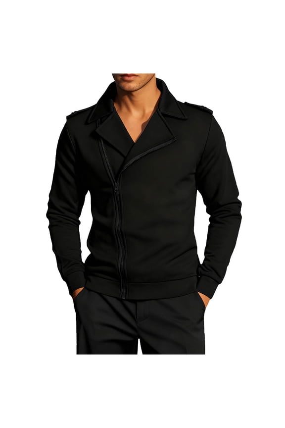 Men's Oblique Zip Jacket Slim Lapel Long Sleeve Casual Fashion Outerwear Black S