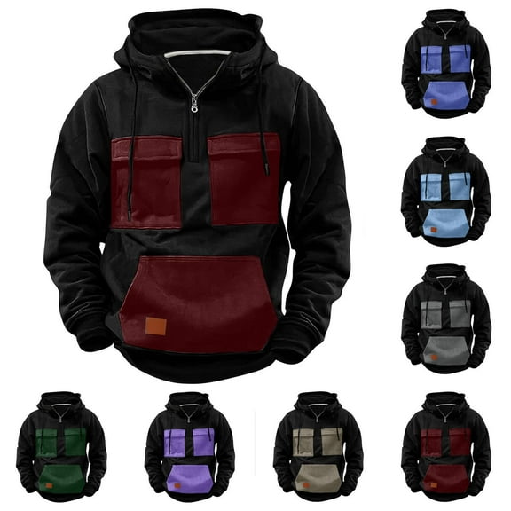 safuny Men's Outdoor Long Sleeve Tops Pockets Loose Cargos Hoodies Shirts Big&Tall Patchwork Color Block Pullover Casual Sports Workout Crew Neck Sweatshirts Zipper Green L