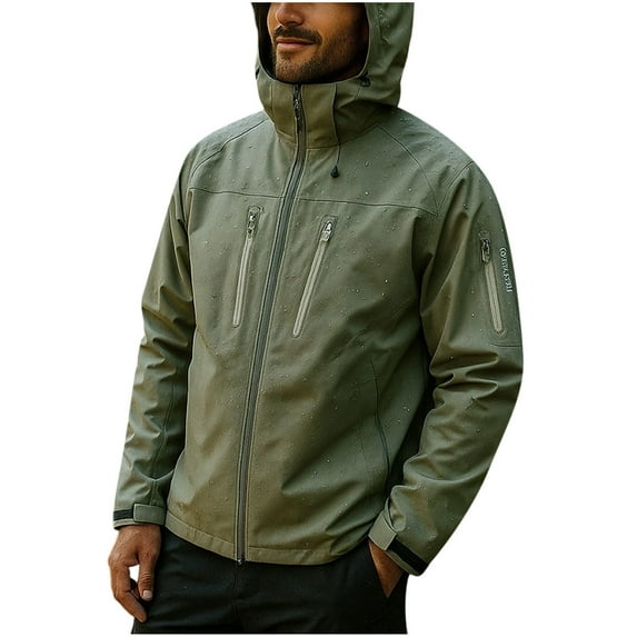 safuny Men's Outdoor Windproof Waterproof Zipper Jacket Long Sleeve Lightweight Breathable Hooded Coat Casual Activewear for Climbing Hiking and Daily Use Army Green L