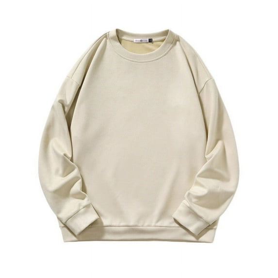 safuny Men's Oversized Pullover Loose Cotton Shirts Long Sleeve Crew Neck Fall Tops Leisure Comfy Solid Shirts Trendy Holiday Beige XL