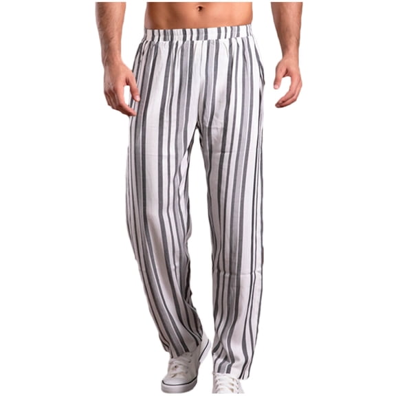 safuny Men's Pants Comfy Lounge Casual Striped Fashion Full Length Trousers Pajamas for Husband Boyfriend Son Home Clothes Loose Couple Air Conditioning Pants Gray XXL