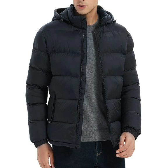 safuny Men's Puffer Jacket Hooded Long Sleeve Coat Pocketed Warm Winter Thicken Outdoor Outerwear Navy L