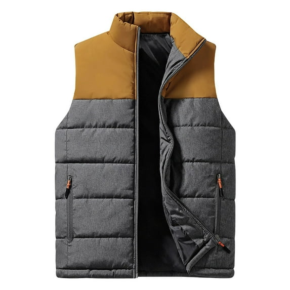 safuny Men's Puffer Lightweight Sleeveless Color Block Jacket Full Zipper Stand Collar Outdoor Winter Sleeveless Outerwear with Zip Pockets Brown L