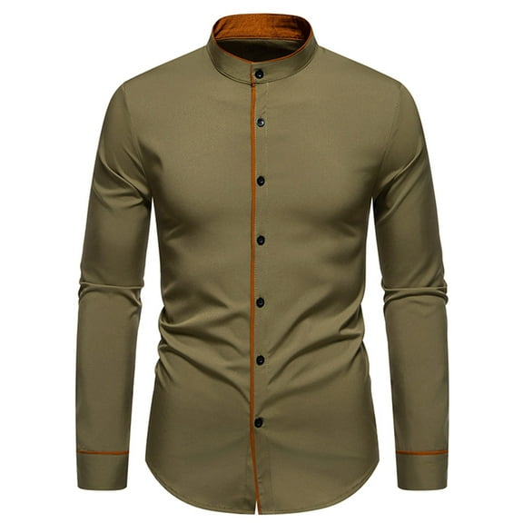 safuny Men's Pullover Long Sleeve Workout Tops Fall Winter Slim Suit Shirts Big&Tall Casual Button Business Stand Collar Sweatshirts Cotton Fashion Outwear Green M