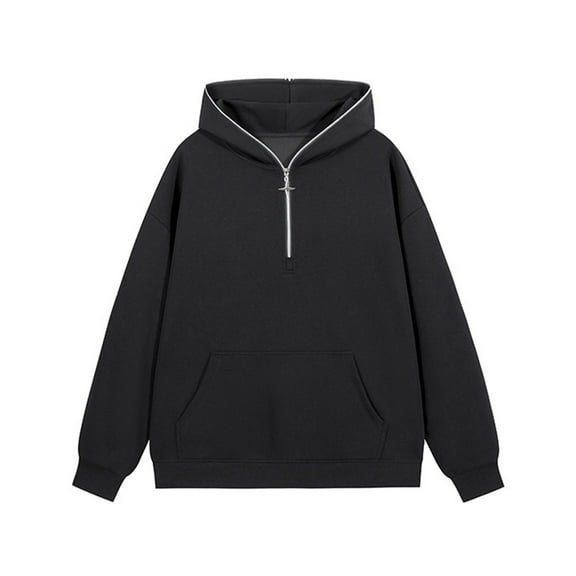 safuny Men's Quarter Zip Hoodie Pullover Kangaroo Pocket Casual Solid Sweatshirt Black L