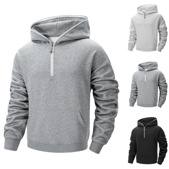 safuny Men's Quarter Zip Hoodie Pullover Kangaroo Pocket Casual Solid Sweatshirt Gray L