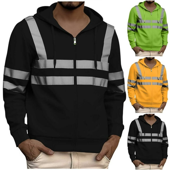 safuny Men's Reflective Striped Hoodie Full Zip High Visibility Casual Sweatshirt Black L
