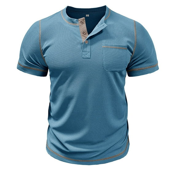 safuny Men's Regular Business Tops Pockets Trendy Casual Workout Blouses Solid Color Tees Summer Saving Short Sleeve Activewear Turn Down Collar Quarter Button Shirts Blue XL