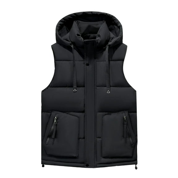 safuny Men's Sleeveless Hooded Zipper Casual Jacket with Pockets Standard Thickness Fashionable Outwear Outdoor Office Essential Classic Style Black L