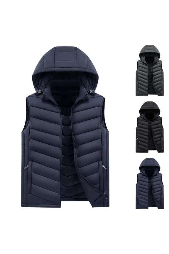 Men's Sleeveless Lightweight Quilted Puffer Down Winter Detachable Hooded Down Casual Coat With Pockets Black L