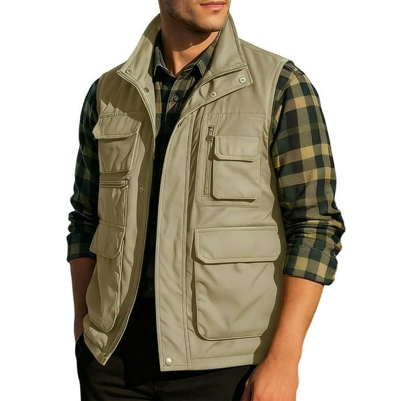safuny Men's Sleeveless Work with Multiple Pockets Breathable Outdoor Photography Jacket Lightweight able Nylon Coat for Spring Summer Ideal for Casual and Office Wear Khaki M