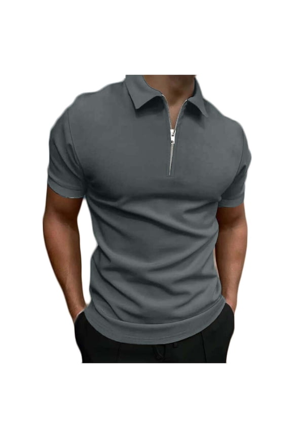 Men's Slim Basic Shirts Lined Pullover Activewear Casual Workout Summer Relaxed Trendy Solid Color Tops Short Sleeve Quarter Zipper Lapel Tees Dark Gray S