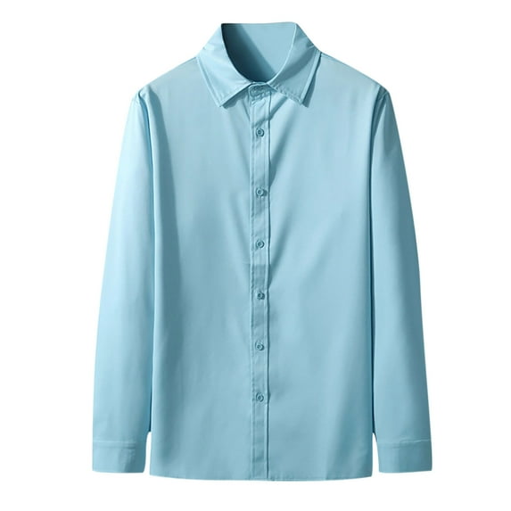 safuny Men's Slim Business Cotton Lined Shirts Sales Solid Color Lapel Button Holiday Fashion Long Sleeve Athletic Workwear Casual Sports Clearance Light blue S