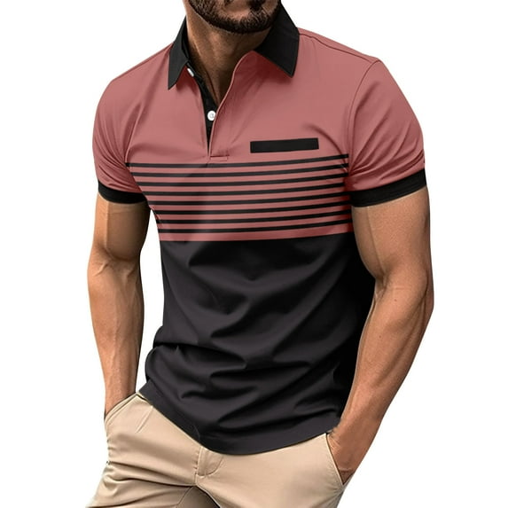 safuny Men's Slim Business Cotton Lined Shirts Trendy Clearance Short Sleeve Solid Color Block Tops Quarter Button Lapel Tees Activewear Casual Workout Summer Relaxed Pink XL