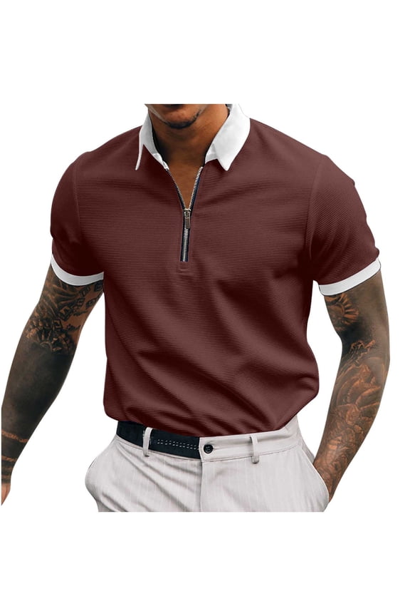Men's Slim Comfy Tops Fashion Solid Tees Summer Short Sleeve Shirts Zipper Neck Pullover Leisure Workout Sports Holiday Clothing Red L