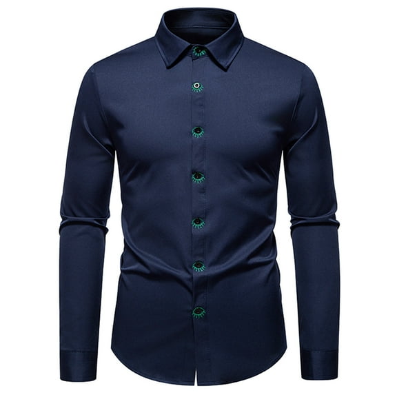safuny Men's Slim Dress Shirt Long Sleeve Button Down Embroidered Casual Top Navy M