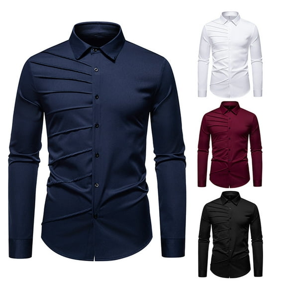 safuny Men's Slim Dress Shirt Solid Long Sleeve Button Down Ruched Casual Top Black L