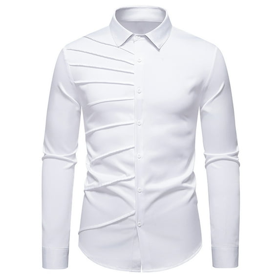 safuny Men's Slim Dress Shirt Solid Long Sleeve Button Down Ruched Casual Top White L