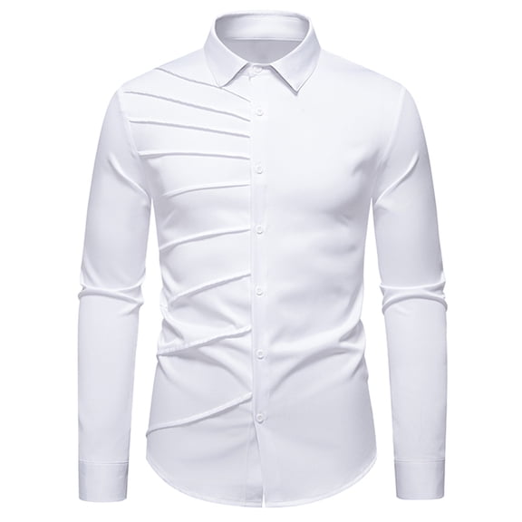 safuny Men's Slim Dress Shirt Solid Long Sleeve Button Down Ruched Casual Top White S