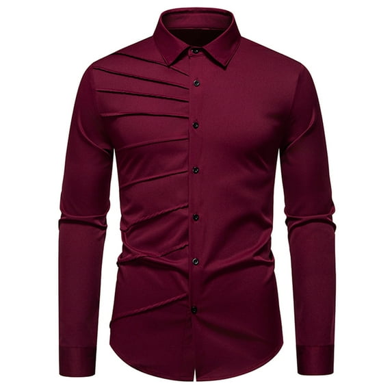 safuny Men's Slim Dress Shirt Solid Long Sleeve Button Down Ruched Casual Top Wine S