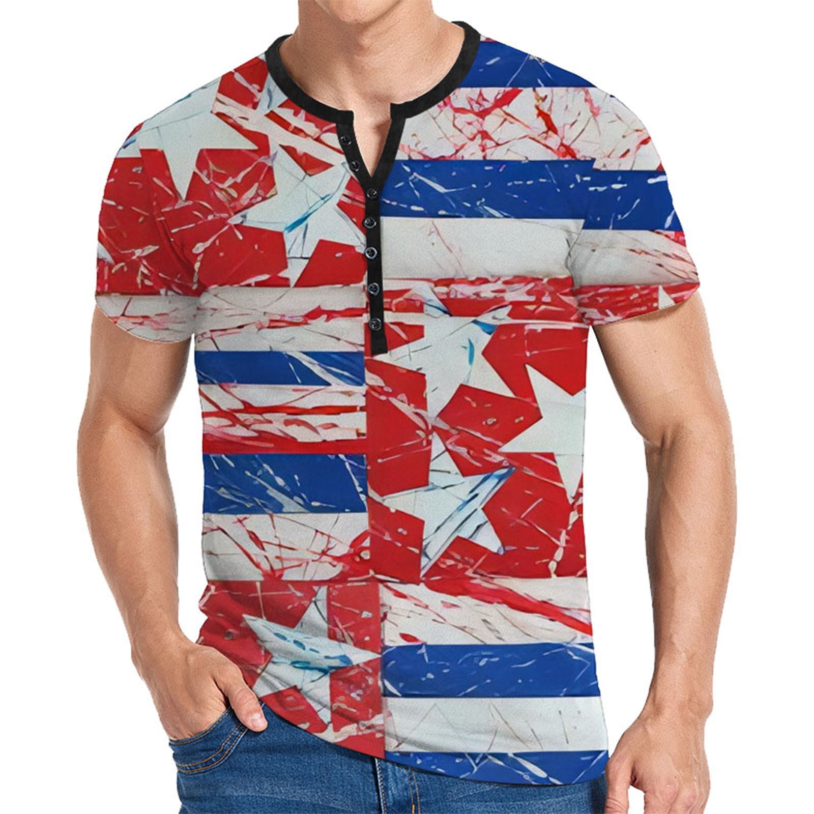 safuny Men's Slim Fit Tops Holiday Short Sleeve Shirts Round Neck Pullover Independence Day Usa Flag Print Tees Clothing Summer Fashion Red XXL