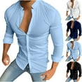 thumbnail image 1 of safuny Men's Slim Formal Shirts Clothing Holiday Stand Collar Pullover Solid Button Tees Fashion Long Sleeve Leisure Workout Comfy Autumn Spring Blue S, 1 of 6