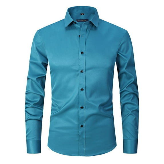 safuny Men's Slim Formal Shirts Solid Tees Clothing Fashion Autumn Spring Holiday Long Sleeve Lapel Button Pullover Leisure Workout Comfy Blue XL