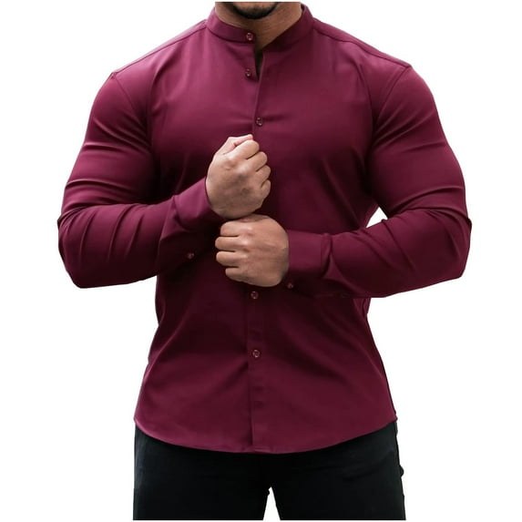 safuny Men's Slim Shirts Cardigan Solid Button Tees Long Sleeve Stand Collar Pullover Leisure Workout Comfy Holiday Clothing Fashion Autumn Spring Wine XXL