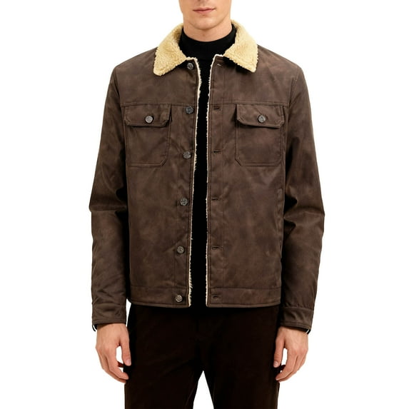 safuny Men's Solid Button Stand-up Collar Long Sleeve Outwear Faux Leather Shearling Lined Vintage Workwear Style Casual Jacket with Functional Pockets for Fall Winter Coffee XXL