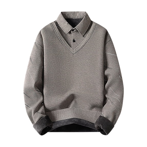 safuny Men's Solid Color Pullover Casual Cotton Long Sleeve Shirts Fashion Winter Thicken Fake Two Piece Tops Big&Tall Outwear Lapel Sweatshirts Button Beige XXXL