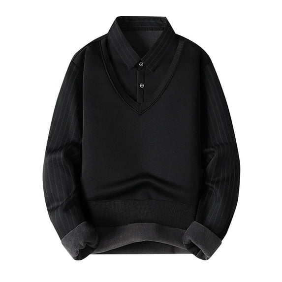 safuny Men's Solid Color Pullover Casual Shackets Winter Thicken Business Shirts Big&Tall Turn Down Collar Sweatshirts Workout Fashion Long Sleeve Tops Black XXL