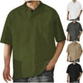 thumbnail image 1 of safuny Men's Solid Color Tees Summer Activewear Regular Business Tops Casual Workout Blouses Trendy Short Sleeve Pullovers Turn Down Collar Quarter Button Shirts Green L, 1 of 6