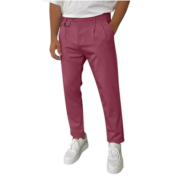 safuny Men's Solid Color Work Pants Casual Fashion Straight Leg Cotton Suit Pants Mid Waist Trousers Big&Tall Activewear Dress Pants Business Flat Front Pant Red L