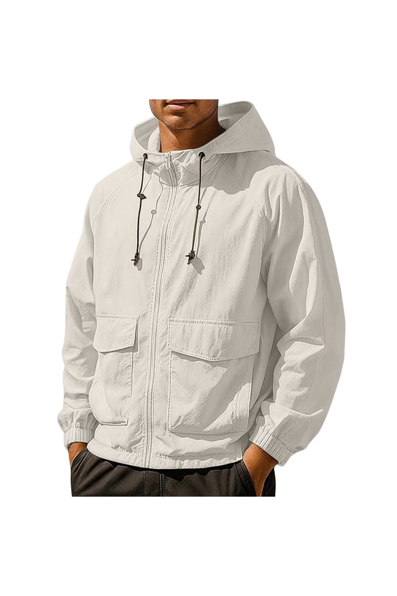 Men's Sports Jacket Hooded Casual Long Sleeve Multi-Pockets Lightweight Breathable Fabric for Outdoor Training Daily Wear Summer Apparel Beige L