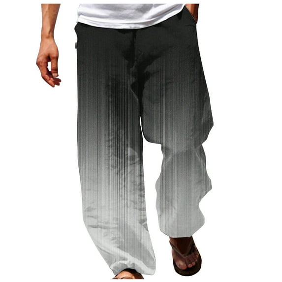 safuny Men's Straight Loose Cotton Pants Casual Independence Day Dungarees Holiday Gradient Color Trendy Trousers Athletic Outwear Work Activewear Elastic Waist Drawstring White M