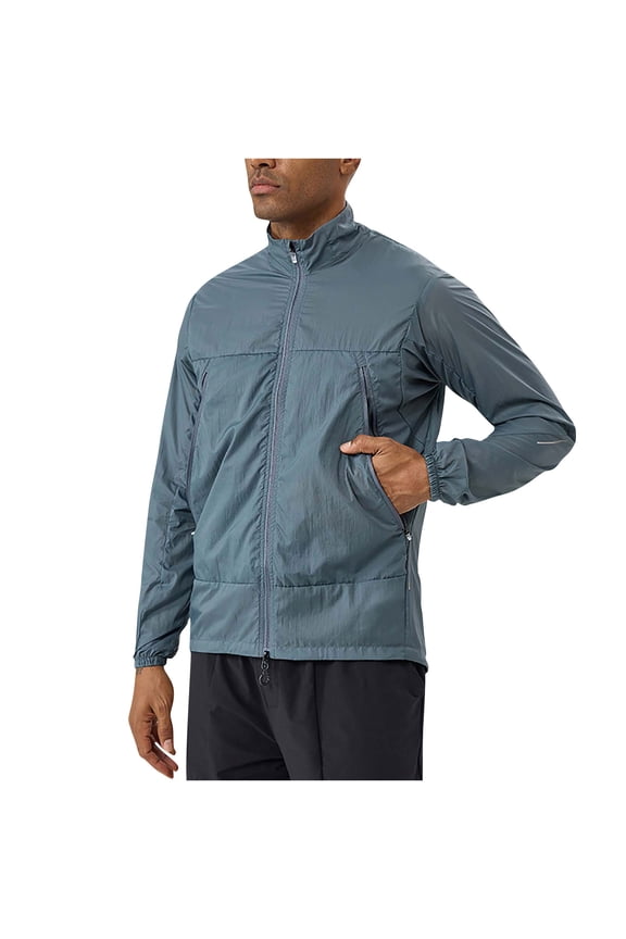 Men's Sunscreen Jacket Ultralight Breathable Coat for Trail Running Hiking Full-Zip Jacket with Hidden Pockets Blue M