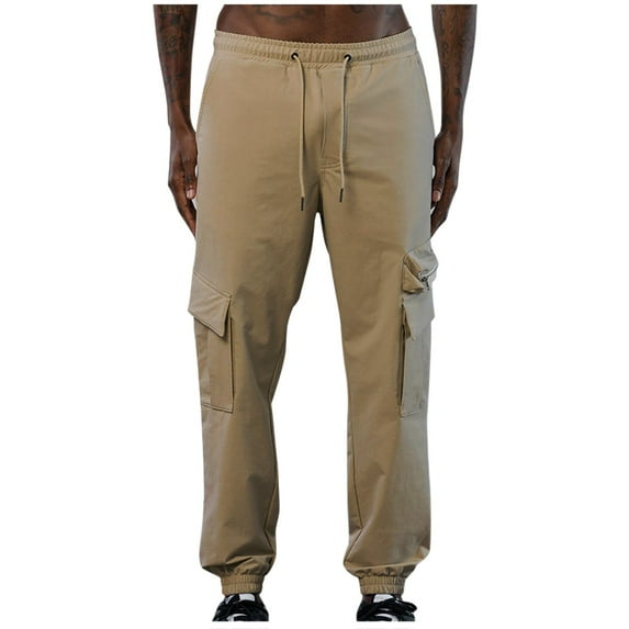 safuny Men's Sweatpants Athletic-Fit Cargos Pants Pockets Casual Work Sports Track Pants Zipper Drawstring Lounge Pants Fashion Relaxed Baggy Trousers Yellow XL