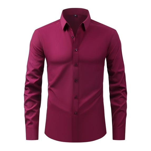 safuny Men's Turn Down Collar Suit Shirts Retro Slim Stylish Tops Big&Tall Casual Business Long Sleeve Tees Fashion Workout Solid Color Pullovers Red S