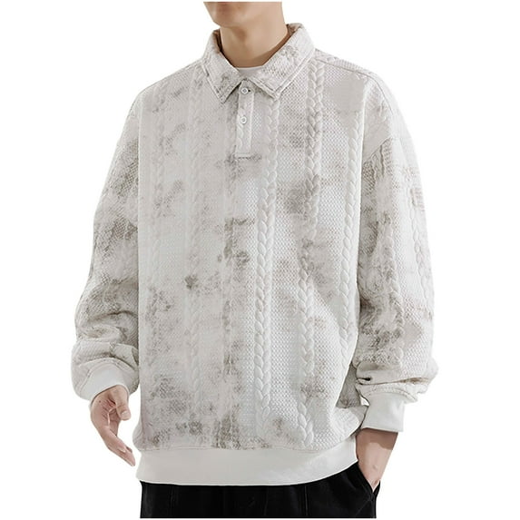 safuny Men's Turn Down Collar Sweatshirts Button Loose Tops Big&Tall Solid Color Pullover Casual Long Sleeve Shirts Fashion Outwear White L