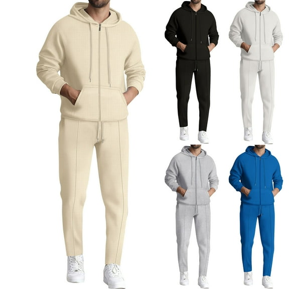 safuny Men's Waffle Tracksuit Sets, Zip Up Hoodies Sports Jackets with Sweatpants Workout Sweatsuits with Pockets Spring Outfits Cotton Black L
