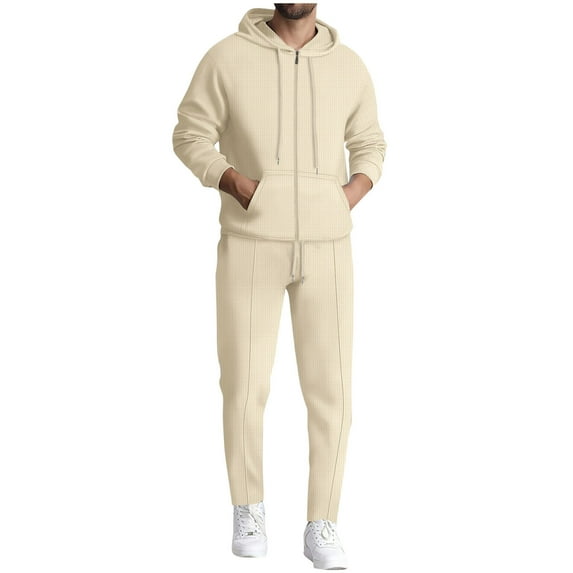 safuny Men's Waffle Tracksuit Sets, Zip Up Hoodies Sports Jackets with Sweatpants Workout Sweatsuits with Pockets Spring Outfits Cotton Yellow XL