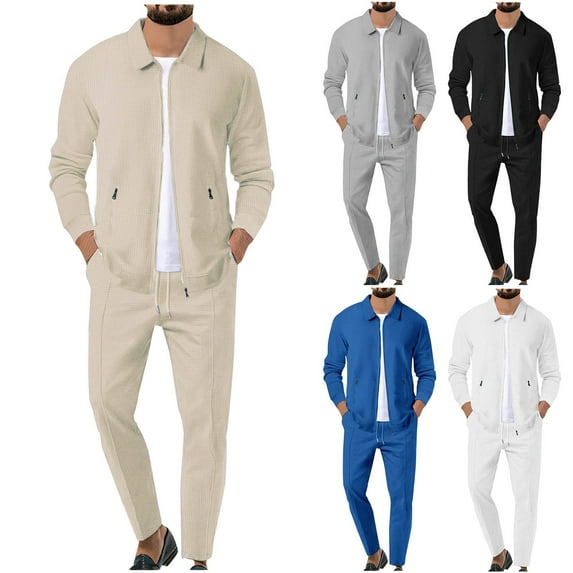 safuny Men's Waffle Tracksuits, Full Zipper Casual Solid Long Sleeve Jackets with Sweatpants Jogging Suits Spring Outfits Pockets Cotton Black L