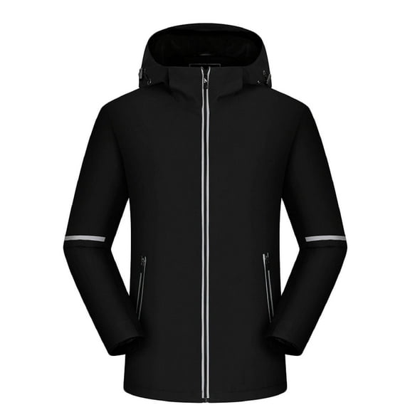 safuny Men's Windbreaker Casual Jacket Reflective Strips Zipper Pockets Water Repellent Fleece Lined Hooded Workwear Long Sleeve Thickened Outwear Outdoor Daily Use Black L