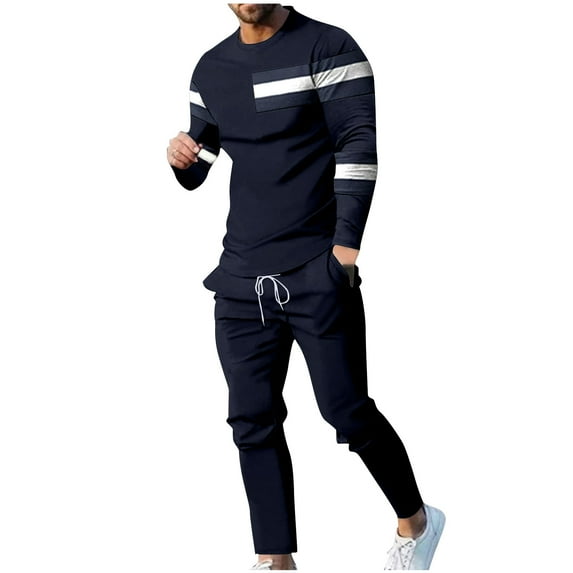 safuny Men's Winter Casual Activewear Joggers Pants 2 Piece Loose Outfits Big&Tall Color Block Pullover Crew Neck Sweatshirts Clearance Workout Long Sleeve Tracksuits Blue XXXXL
