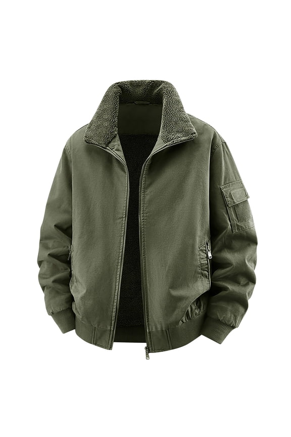 Men's Winter Jacket Thick Fleece Lined Full Zip Warm Cargo Jacket with Pockets Trucker Thermal Coat Army Green L