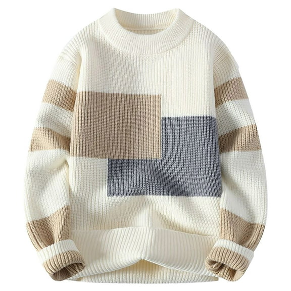 safuny Men's Winter Long Sleeve Shirts Loose Knitted Sweaters Big&Tall Color Block Pullover Casual Activewear Crew Neck Sweatshirts Relaxed Workout Fashion White S